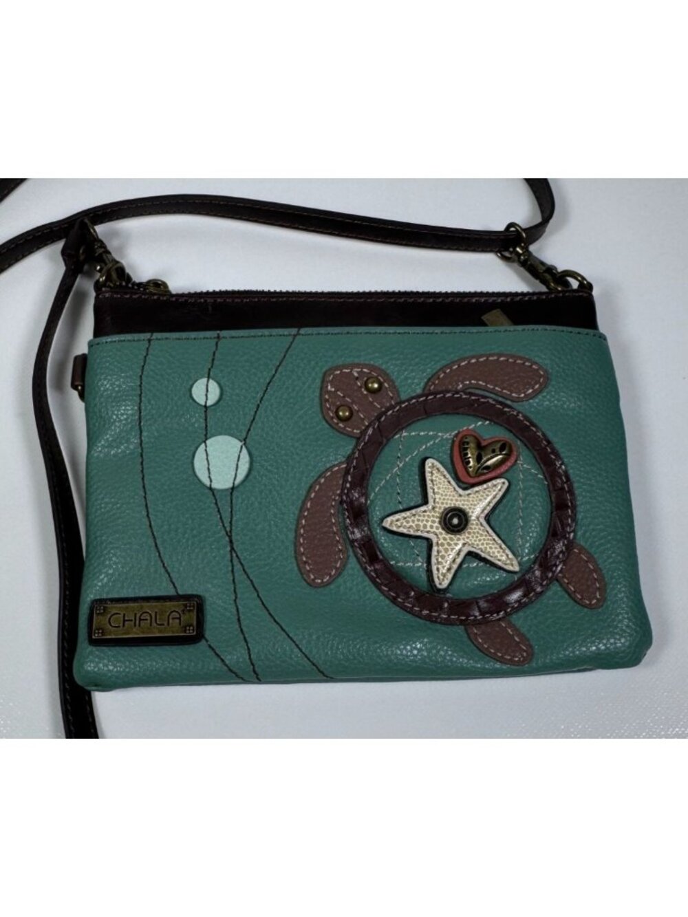 Chala Sea Turtle Mini Crossbody Purse Starfish Charm Teal Brown Faux Leather
